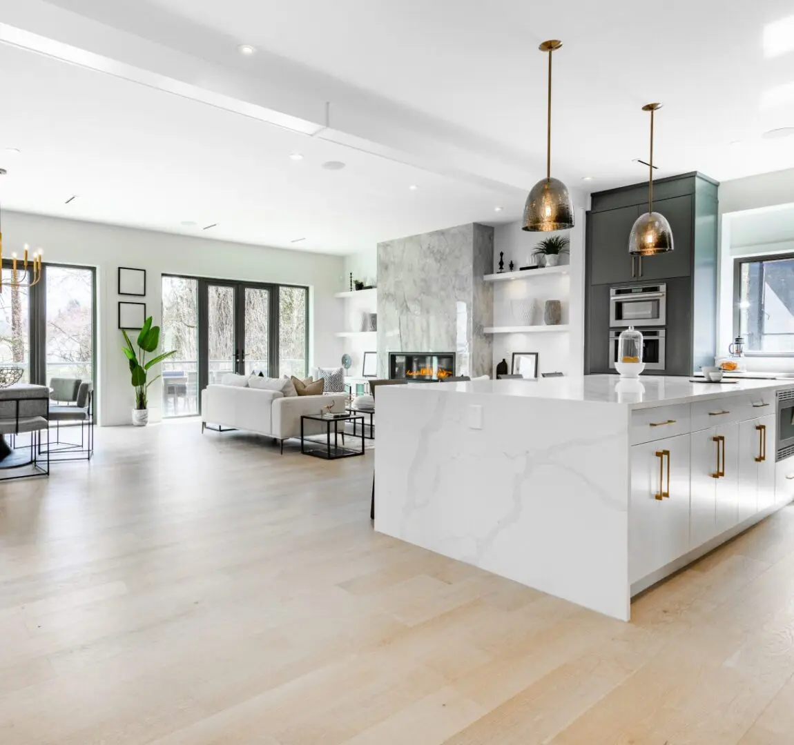 Modern open-concept kitchen and living area.